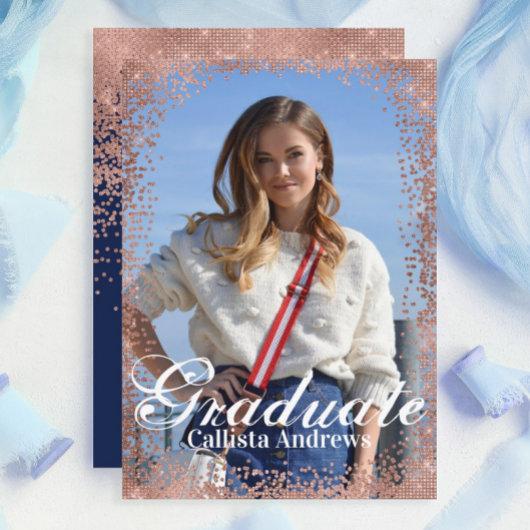 Navy Rose Gold Glitter Confetti Photo Graduation Invitation
