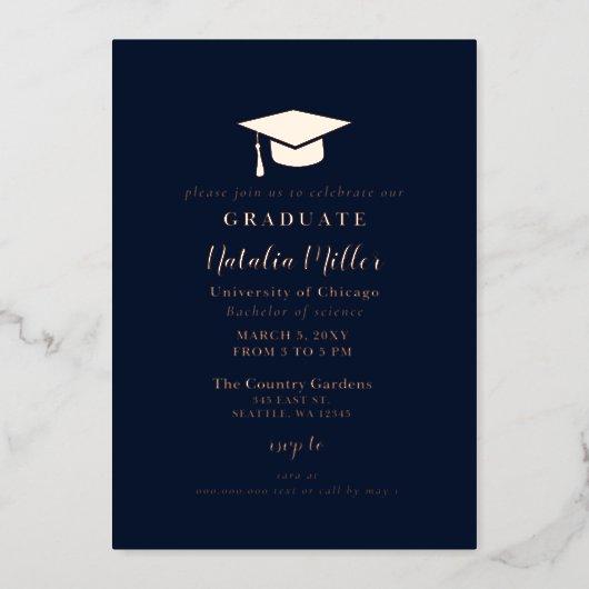Navy Rose Gold Graduation Hat Graduation  Foil Invitation