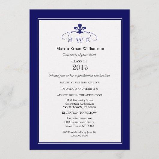 Navy Silver & White Fleur de Lis Formal Graduation Invitation