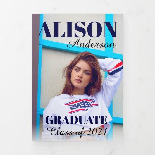 Navy typography Class of 2021 graduation photo Tri-Fold Announcement