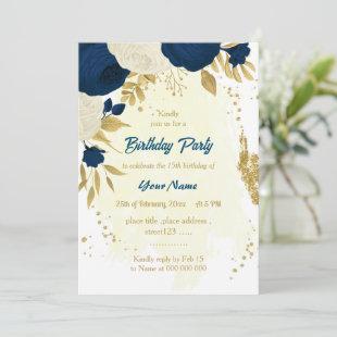 navy & white flowers gold birthday party invitatio invitation
