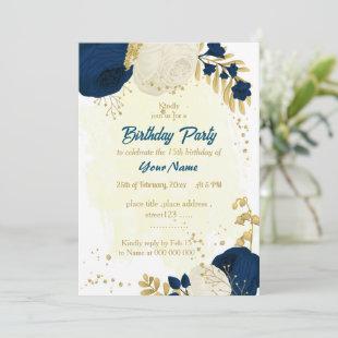 navy & white flowers gold birthday party invitation