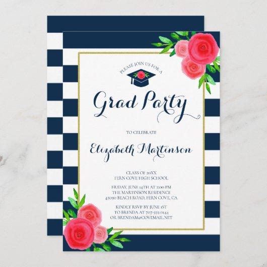 Navy White Striped Watercolor Floral Grad Party Invitation