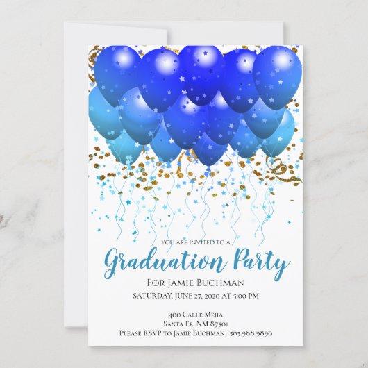 Neon Blue Balloons & Confetti Graduation Party Invitation