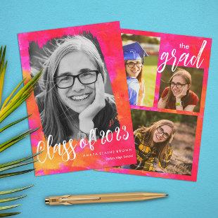 Neon Pink Abstract Artsy Modern 4 Photo Graduation Announcement