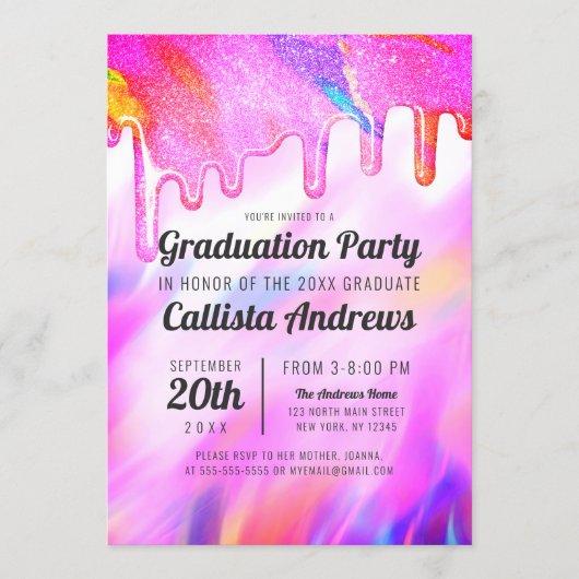 Neon Unicorn Holographic Glitter Drips Graduation Invitation
