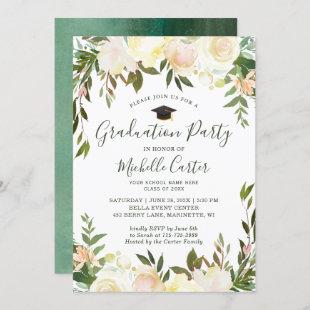 Neutral White Greenery Floral Graduation Party Invitation