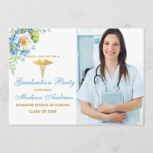 Nurse Blue Floral Gold Grad Party Invite