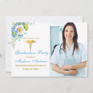 Nurse Blue Floral Gold Grad Party Invite