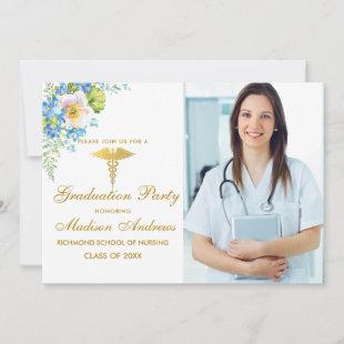 Nurse Blue Floral Grad Party Invite Gold