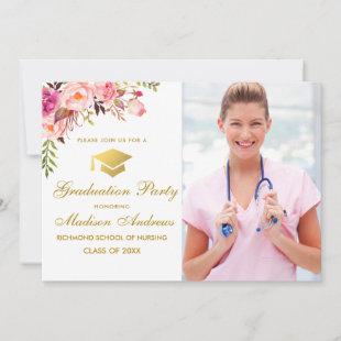 Nurse Floral Pink Gold Grad Party Invite