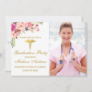 Nurse Floral Pink Gold Graduation Party Photo Invitation