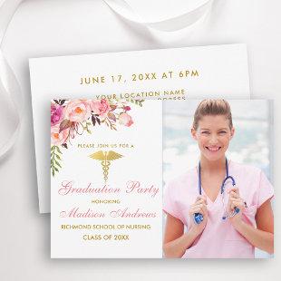 Nurse Floral Pink Grad Party Invite Gold