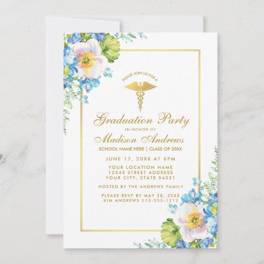 Nurse Gold Blue Floral Grad Party Invitation