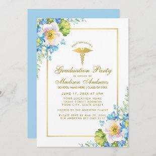 Nurse Gold Blue Floral Grad Party Invite B