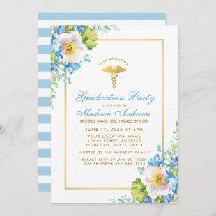 Nurse Gold Blue Floral Grad Party Invite S