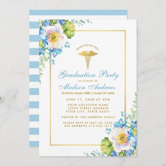 Nurse Gold Blue Floral Grad Party Invite S
