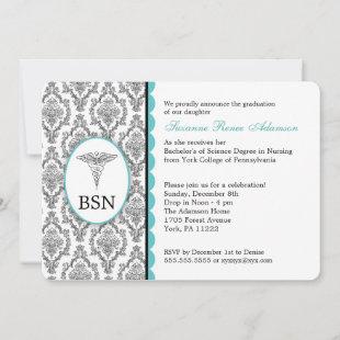 Nurse Graduation BSN RN black turquoise damask Invitation