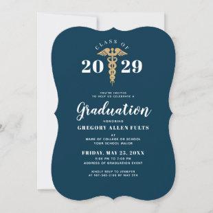 Nurse Graduation Navy Blue And Gold Caduceus Invitation