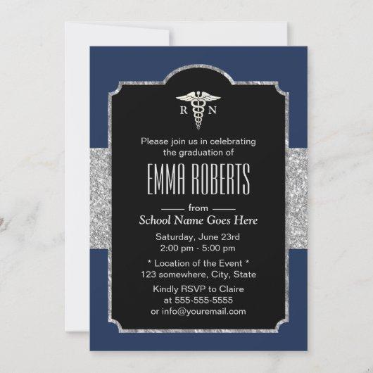 Nurse Graduation Party Elegant Navy Blue & Silver Invitation