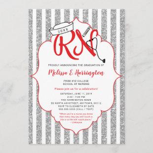 Nurse graduation party invitation, red silver RN Invitation