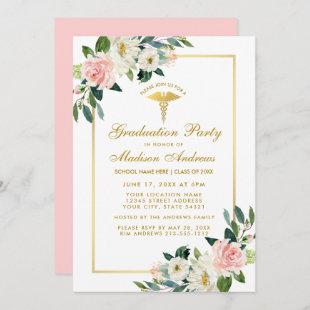 Nurse Graduation Party Pink Floral Gold Invite P