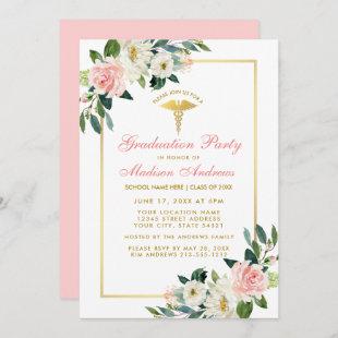 Nurse Graduation Party Pink Floral Gold Invite Pk
