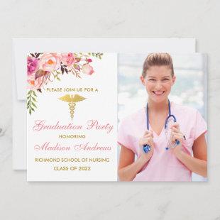Nurse Pink Floral Gold Graduation Party Photo Invitation