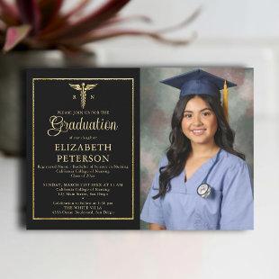 Nurse School Graduation Caduceum Gold Frame Black Invitation