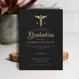 Nurse School Graduation Gold Caduceum Modern Black Invitation