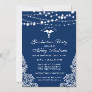 Nurse String Lights Lace Blue Grad Party Invite