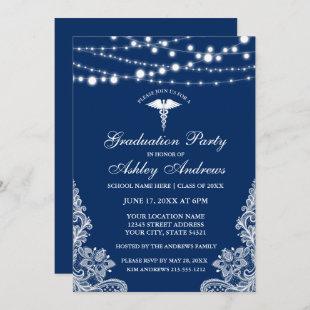 Nurse String Lights Lace Blue Grad Party Invite B