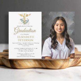 Nursing School Graduation Gold Caduceum Eucalyptus Invitation