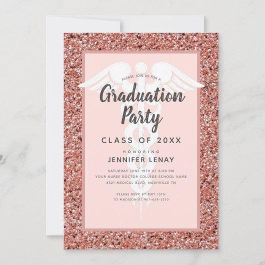 Nursing School Rose Gold Glitter Graduation Party Invitation