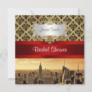 NY City Skyline Sepia B4 Damask Bridal Shower Invitation