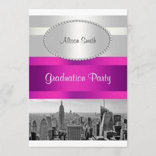 NYC Skyline BW 05 White Hot Pink Graduation Invite