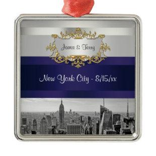 NYC Skyline BW 05 White Navy Blue Invite Suite Metal Ornament