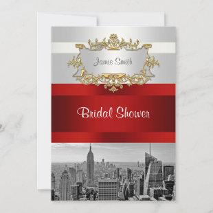 NYC Skyline BW 05 White Red Bridal Shower Invitation
