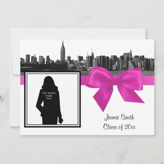 NYC Wide Skyline Etch BW Hot Pink Photo Graduation Invitation
