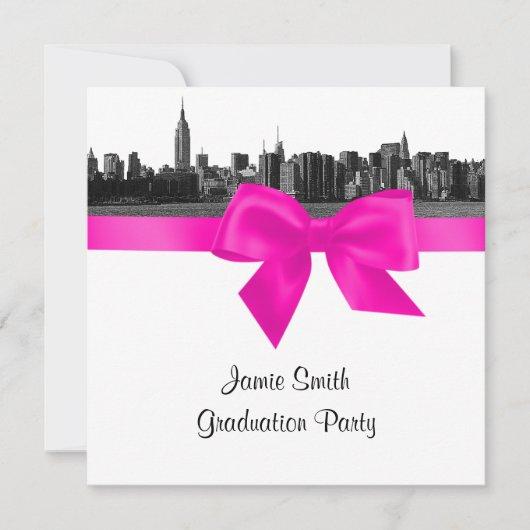 NYC Wide Skyline Etched BW Hot Pink Graduation SQ Invitation