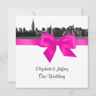 NYC Wide Skyline Etched BW Hot Pink Wedding SQ Invitation