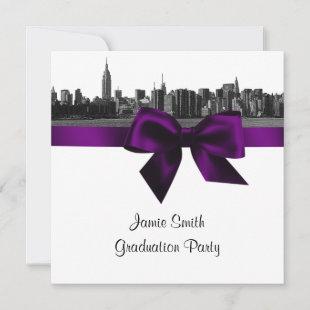 NYC Wide Skyline Etched BW Purple Graduation SQ Invitation