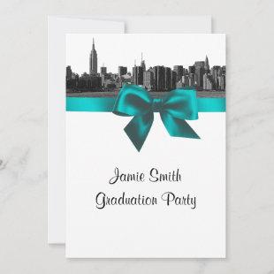 NYC Wide Skyline Etched BW Teal Graduation Invitation