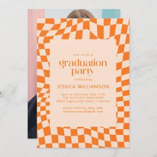 Orange Abstract Checker Photo Graduation Party Invitation