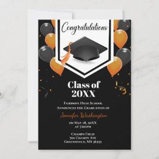 Orange and black confetti graduation invitation