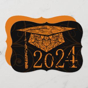 Orange and Black Floral Cap 2024 Graduation Party Invitation