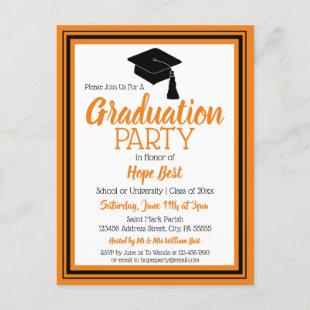 Orange and Black School Colors Grad Party Invitation Postcard