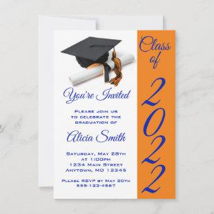 Orange and Blue Graduation Cap and Tassel  Invitation