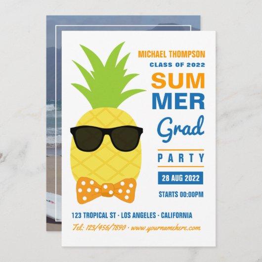 Orange and Blue Pineapple Summer Grad Party Photo  Invitation