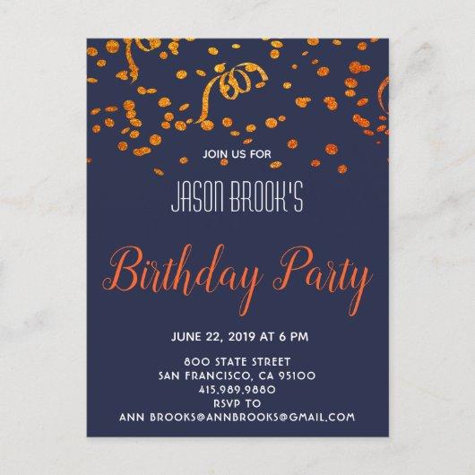 Orange And Gold Confetti On Black Birthday Party Announcement Postcard